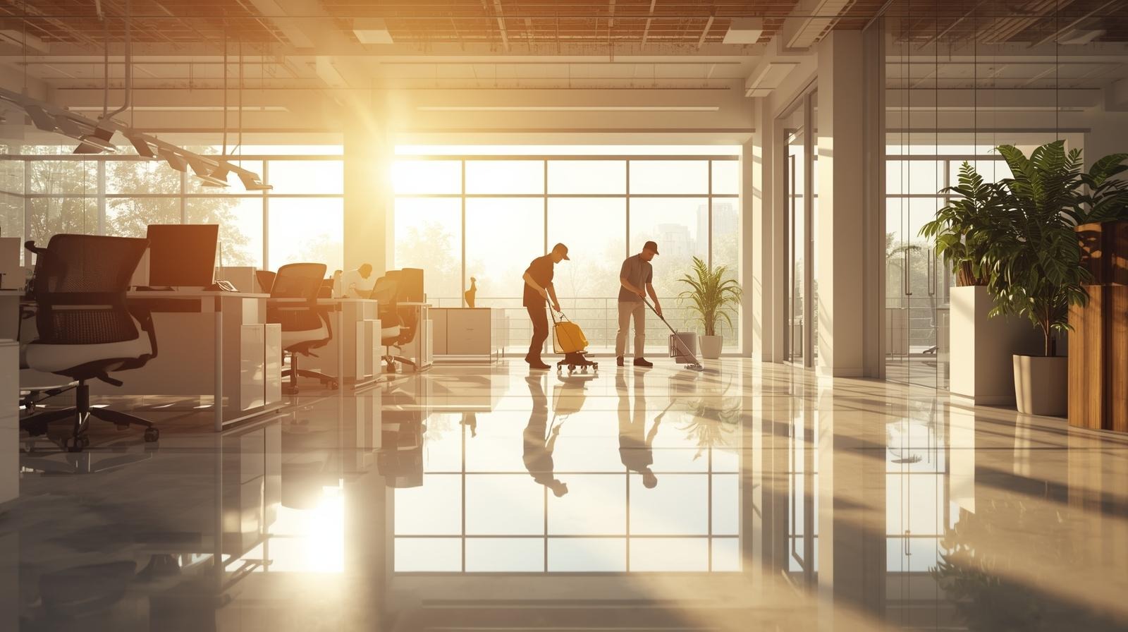 A vibrant and clean office space with sunlight streaming in, showcasing a professional cleaning team meticulously maintaining workplace hygiene. The image should convey efficiency and thoroughness in fl (2)
