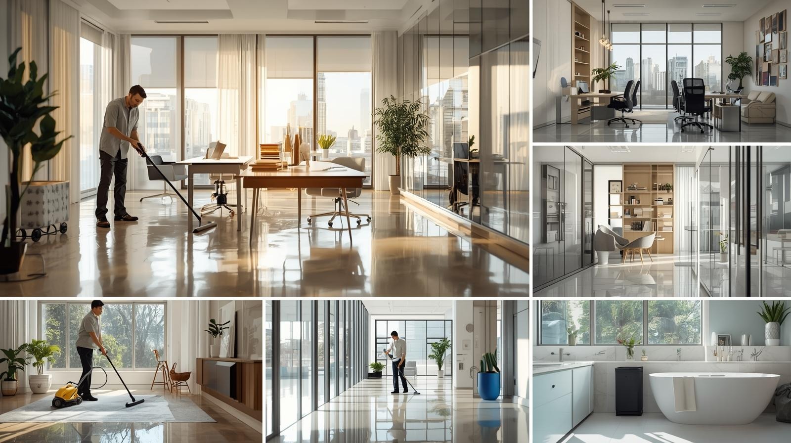 Private household cleaning__Office and workspace cleaning__Bathroom and kitchen hygiene cleaning__Window interior cleaning__Floor mopping and vacuuming__Waste disposal service each point for each image